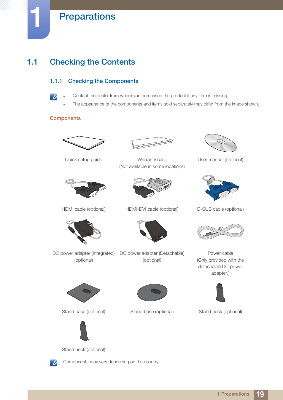 Preparations, 1 checking the contents, 1 checking the components | Checking the contents, Checking the components | Samsung LS27D390HS-ZA User Manual | Page 19 / 94