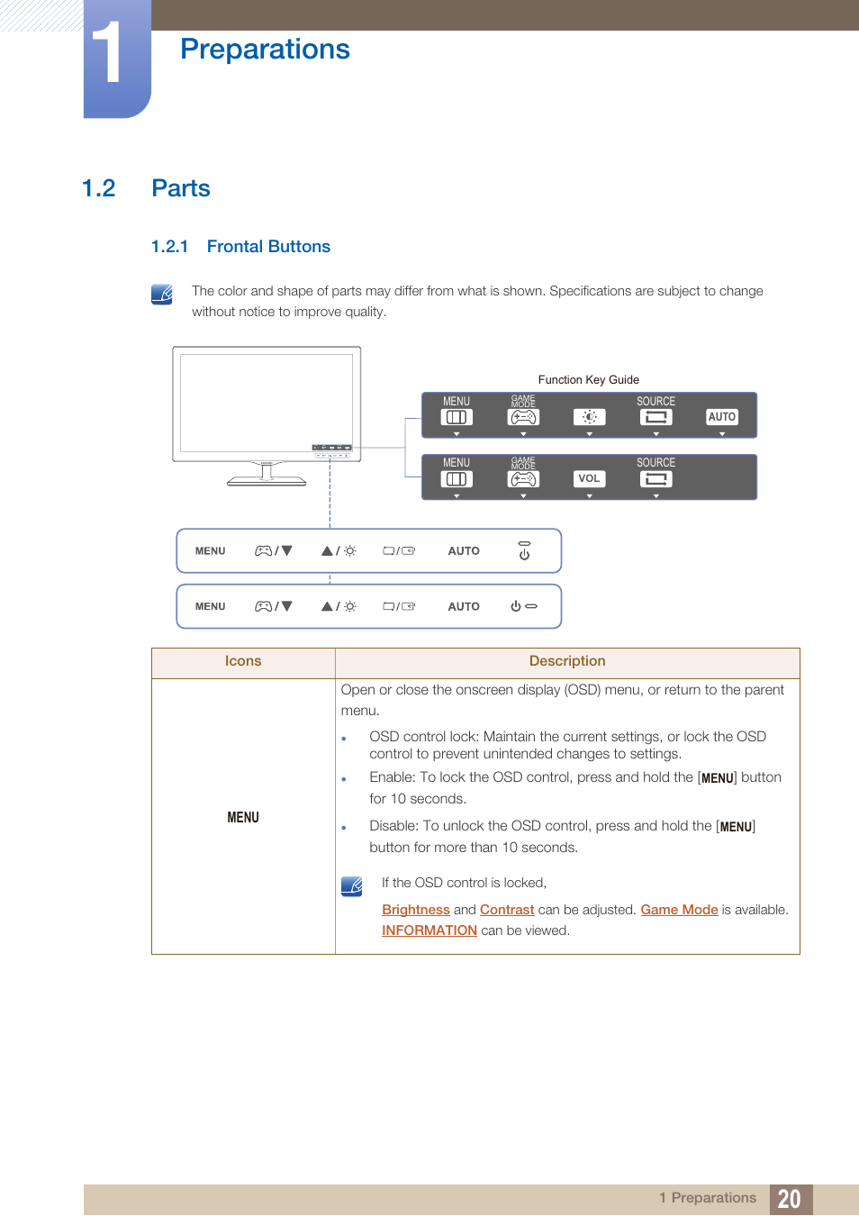 2 parts, 1 frontal buttons, Parts | Frontal buttons, Preparations | Samsung LS27D390HS-ZA User Manual | Page 20 / 94
