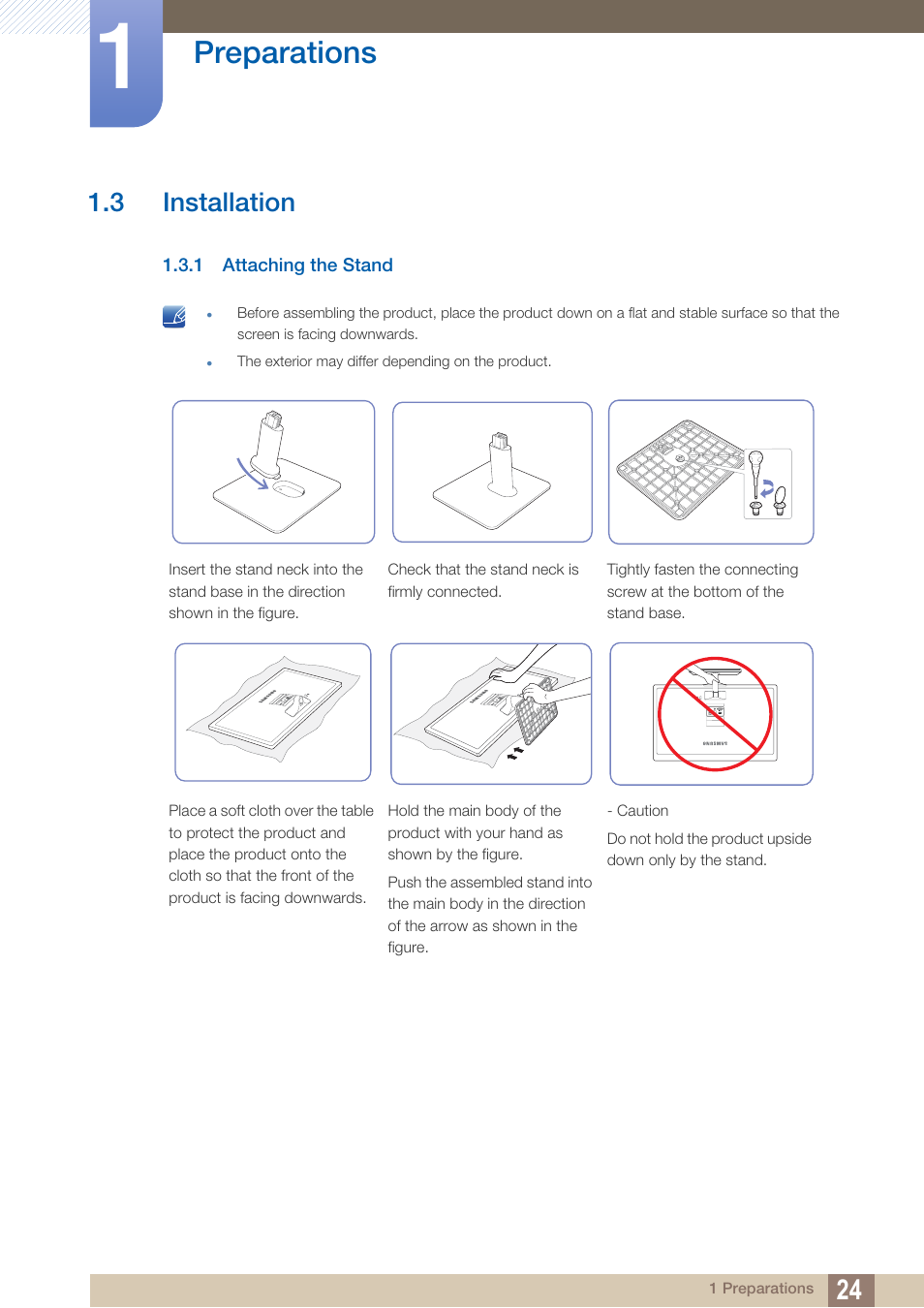 3 installation, 1 attaching the stand, Installation | Attaching the stand, Preparations | Samsung LS27D390HS-ZA User Manual | Page 24 / 94
