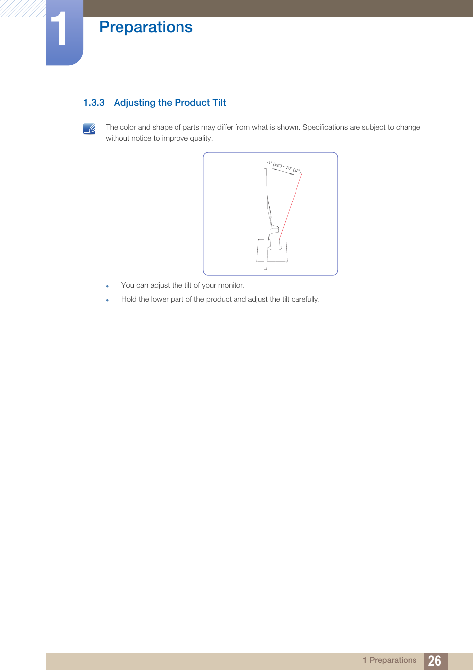 3 adjusting the product tilt, Adjusting the product tilt, Preparations | Samsung LS27D390HS-ZA User Manual | Page 26 / 94