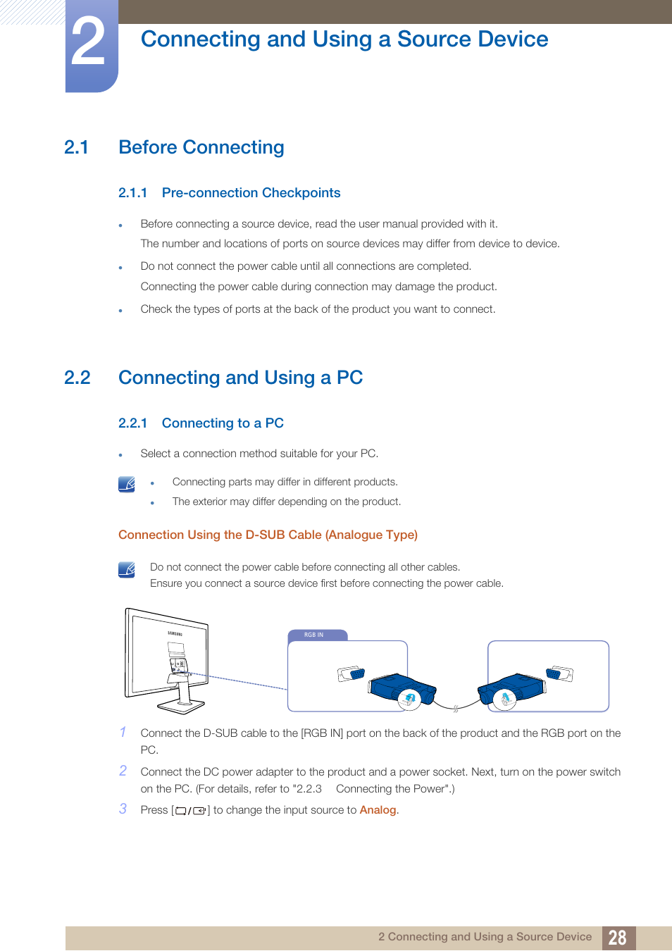 Connecting and using a source device, 1 before connecting, 1 pre-connection checkpoints | 2 connecting and using a pc, 1 connecting to a pc, Connecting and using, A source device, Before connecting, Pre-connection checkpoints, Connecting and using a pc | Samsung LS27D390HS-ZA User Manual | Page 28 / 94
