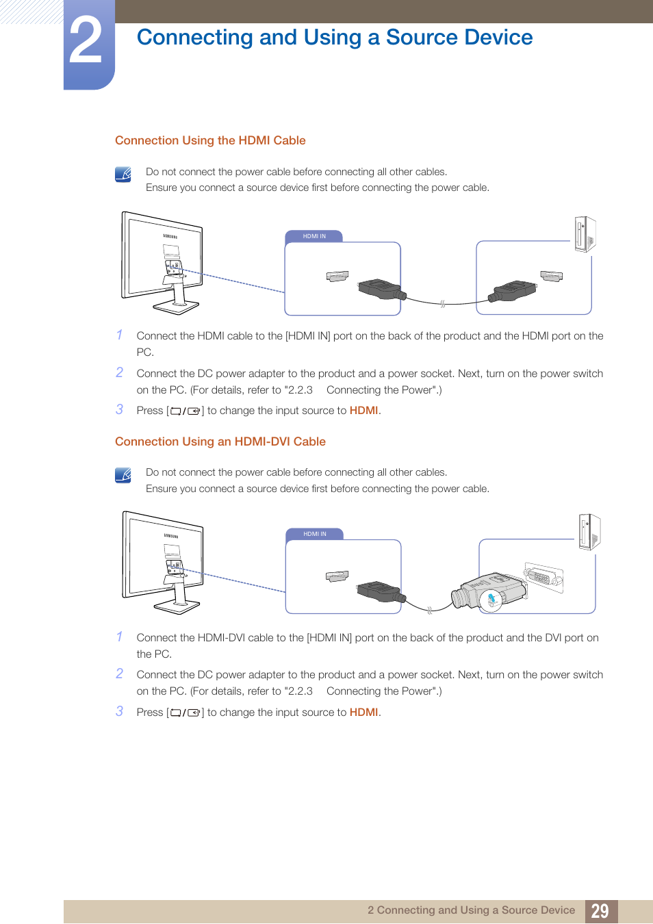 Connecting and using a source device | Samsung LS27D390HS-ZA User Manual | Page 29 / 94