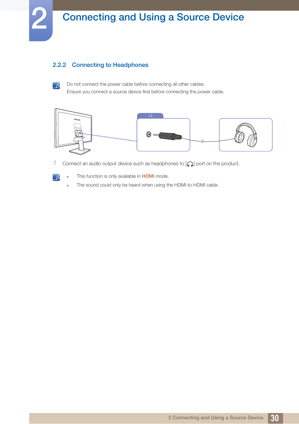 2 connecting to headphones, Connecting to headphones, Connecting and using a source device | Samsung LS27D390HS-ZA User Manual | Page 30 / 94