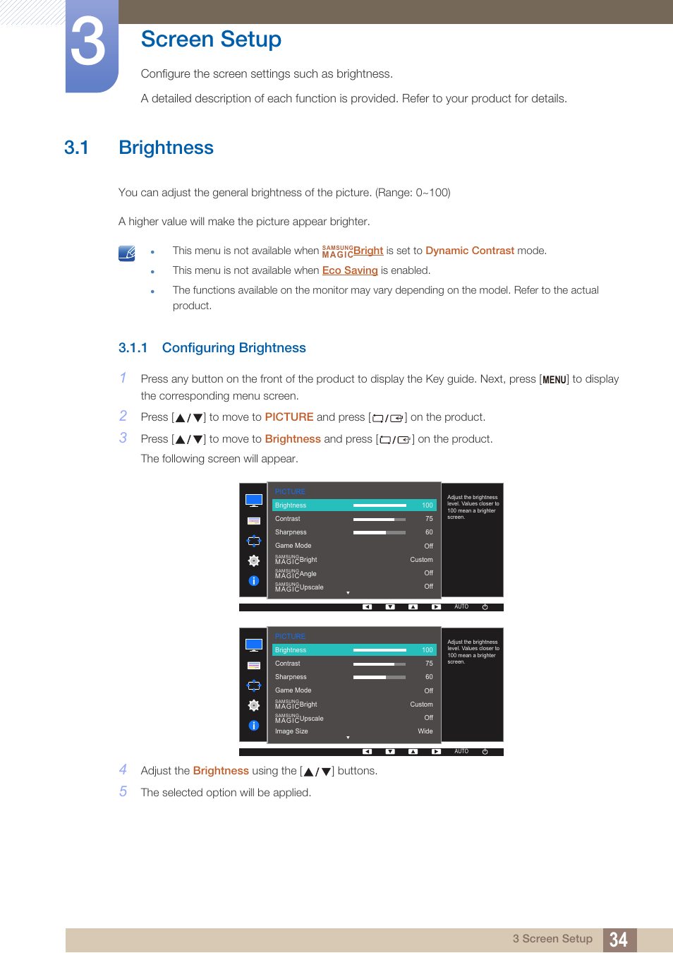 Screen setup, 1 brightness, 1 configuring brightness | Brightness, Configuring brightness | Samsung LS27D390HS-ZA User Manual | Page 34 / 94