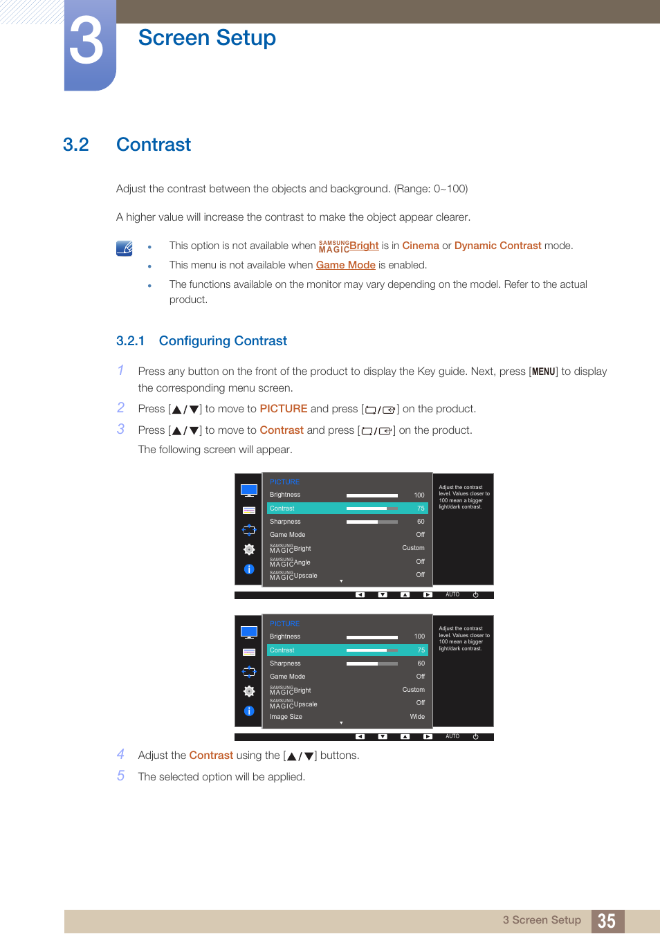 2 contrast, 1 configuring contrast, Contrast | Configuring contrast, Can be, Screen setup | Samsung LS27D390HS-ZA User Manual | Page 35 / 94