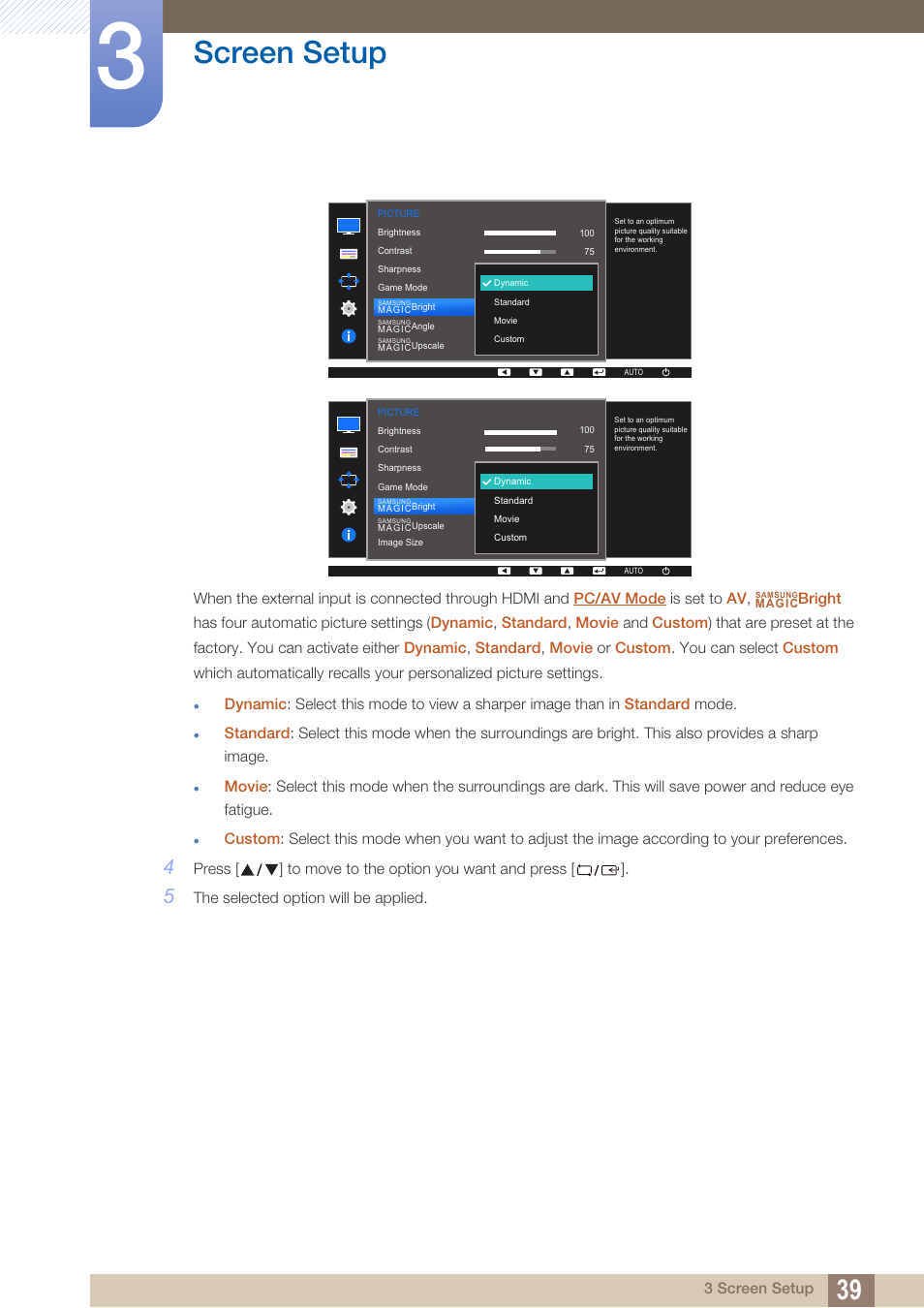 Screen setup | Samsung LS27D390HS-ZA User Manual | Page 39 / 94
