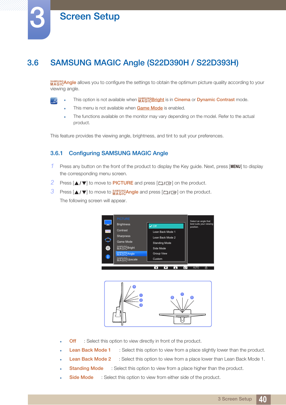 6 samsung magic angle (s22d390h / s22d393h), 1 configuring samsung magic angle, Samsung magic angle (s22d390h / s22d393h) | Configuring samsung magic angle, Angle, Magic, Samsung, Screen setup | Samsung LS27D390HS-ZA User Manual | Page 40 / 94