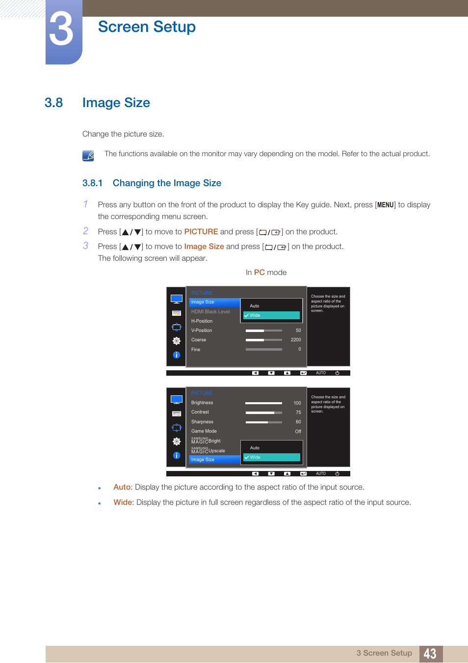 8 image size, 1 changing the image size, Image size | Changing the image size, Screen setup | Samsung LS27D390HS-ZA User Manual | Page 43 / 94