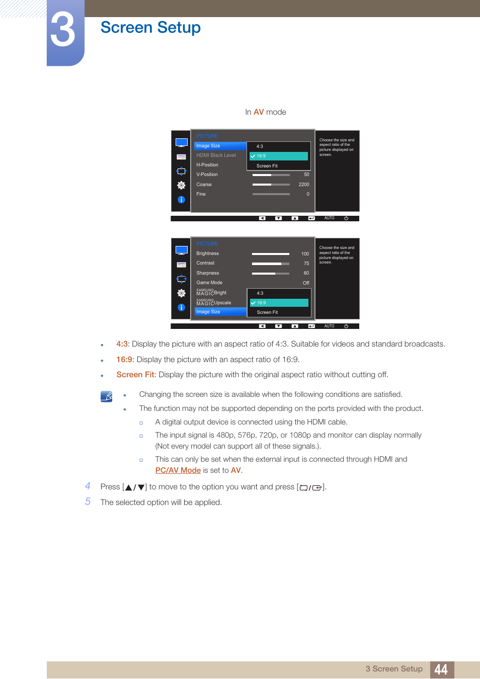Screen setup | Samsung LS27D390HS-ZA User Manual | Page 44 / 94