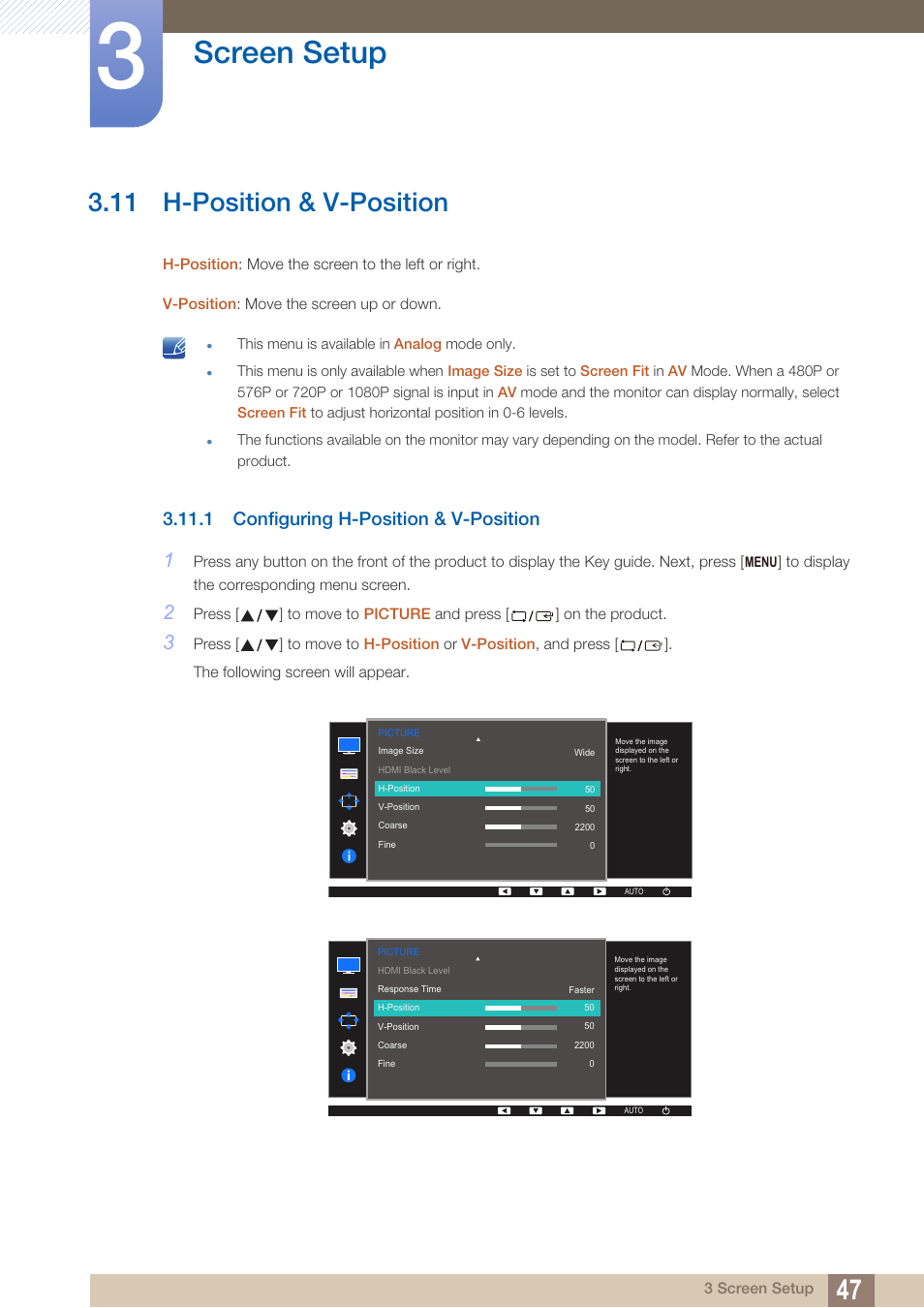 11 h-position & v-position, 1 configuring h-position & v-position, H-position & v-position | Configuring h-position & v-position, Screen setup | Samsung LS27D390HS-ZA User Manual | Page 47 / 94