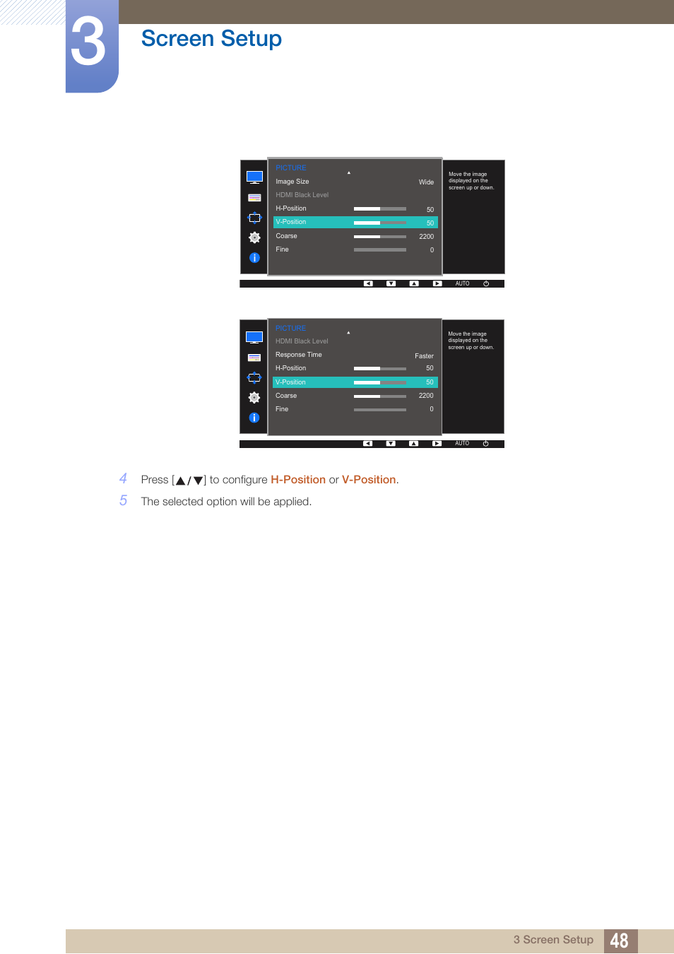 Screen setup | Samsung LS27D390HS-ZA User Manual | Page 48 / 94