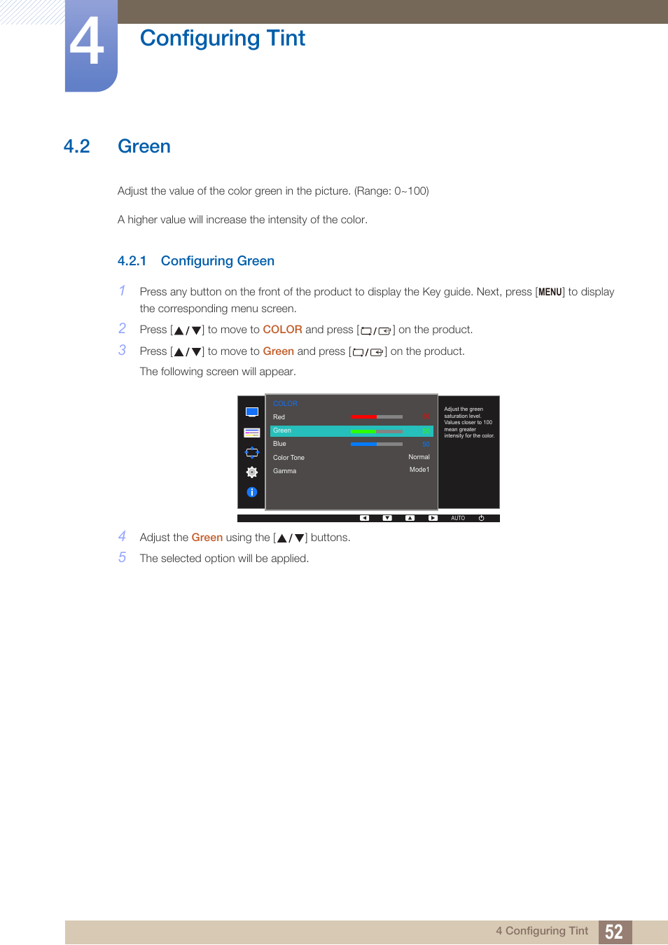2 green, 1 configuring green, Green | Configuring green, Configuring tint | Samsung LS27D390HS-ZA User Manual | Page 52 / 94