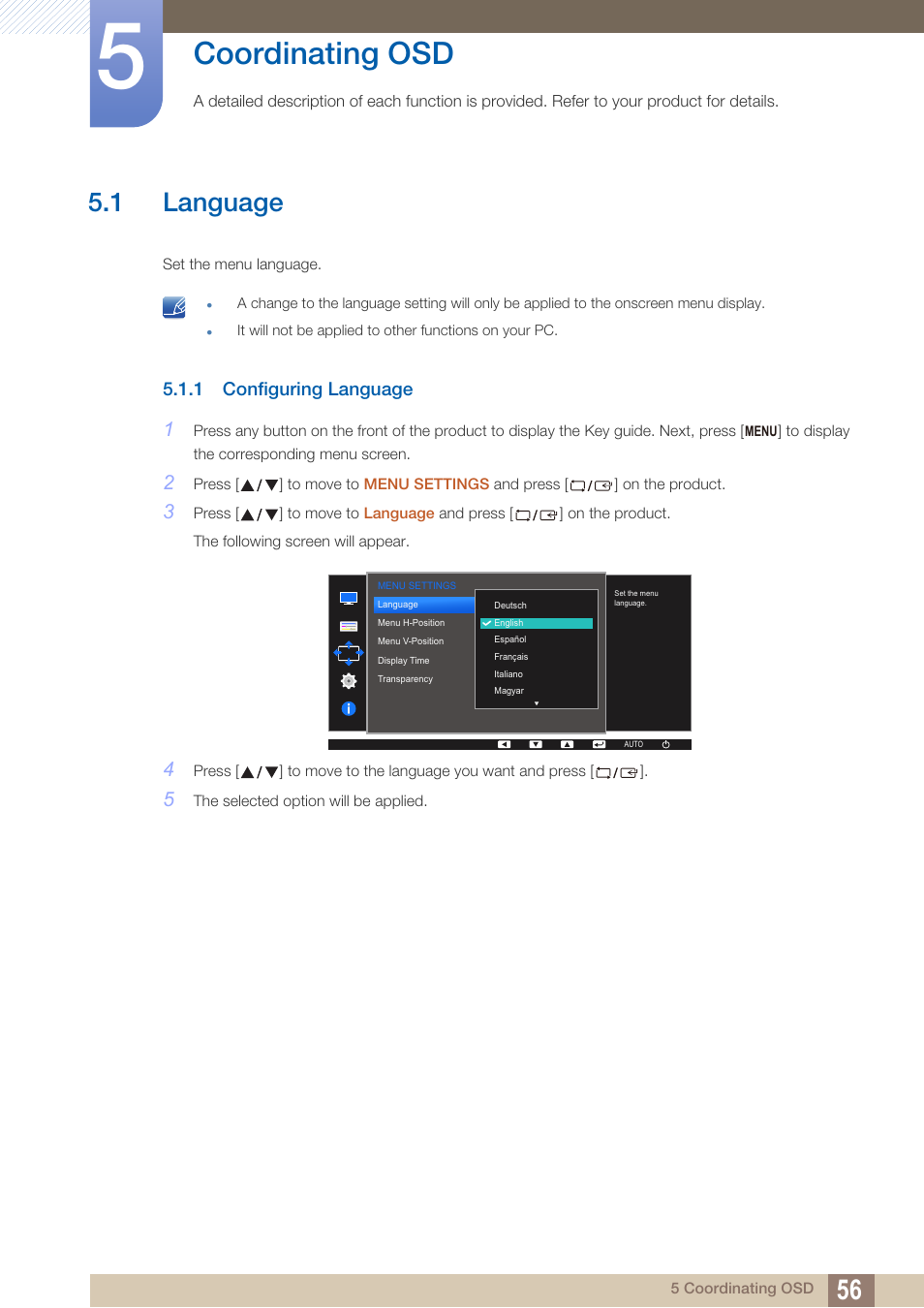 Coordinating osd, 1 language, 1 configuring language | Language, Configuring language | Samsung LS27D390HS-ZA User Manual | Page 56 / 94