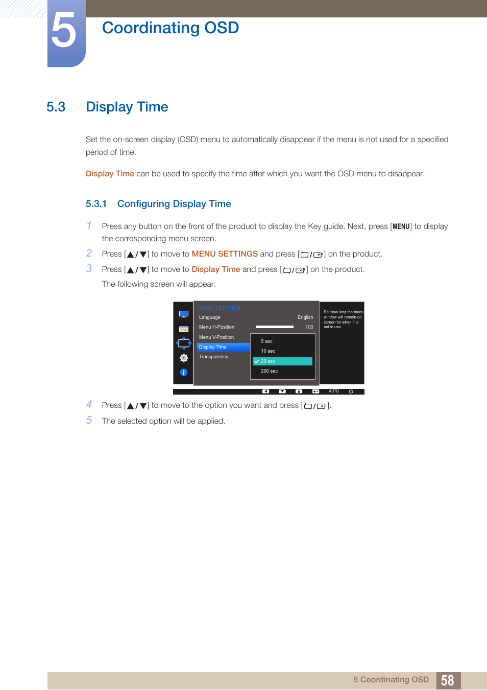 3 display time, 1 configuring display time, Display time | Configuring display time, Coordinating osd | Samsung LS27D390HS-ZA User Manual | Page 58 / 94