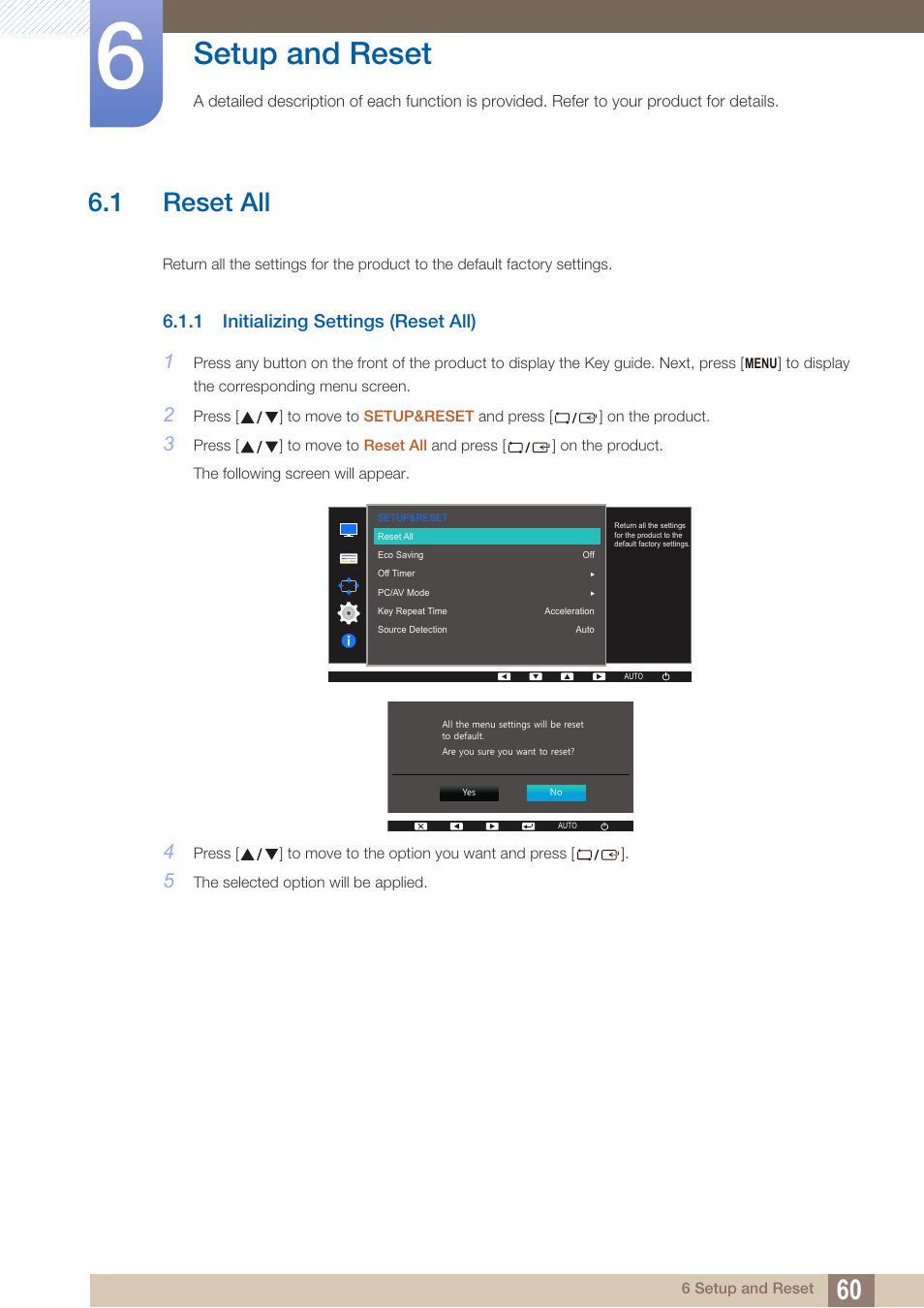 Setup and reset, 1 reset all, 1 initializing settings (reset all) | Reset all, Initializing settings (reset all) | Samsung LS27D390HS-ZA User Manual | Page 60 / 94
