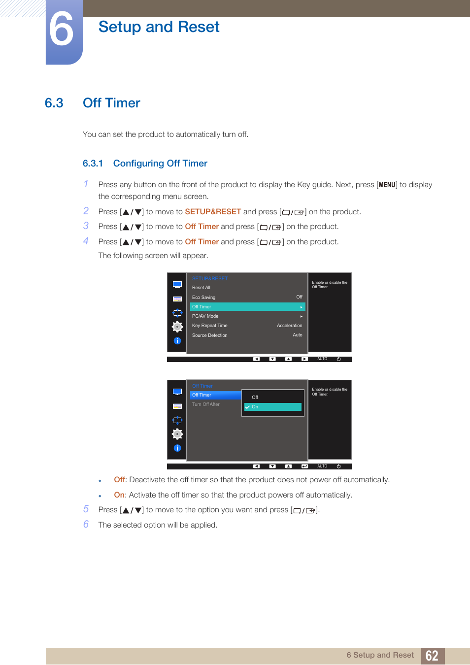 3 off timer, 1 configuring off timer, Off timer | Configuring off timer, Setup and reset | Samsung LS27D390HS-ZA User Manual | Page 62 / 94