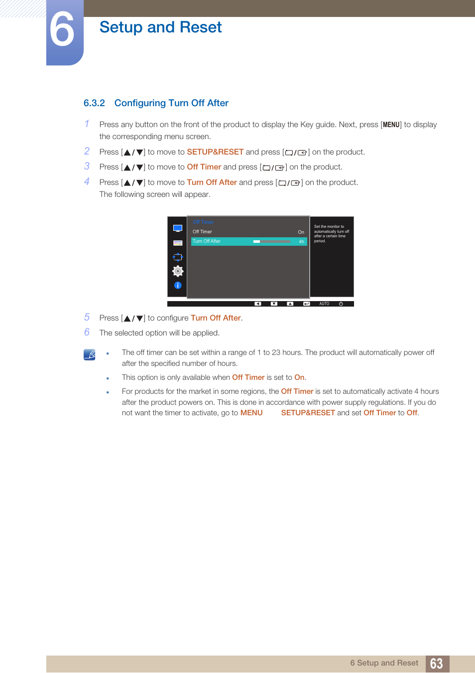 2 configuring turn off after, Configuring turn off after, Setup and reset | Samsung LS27D390HS-ZA User Manual | Page 63 / 94