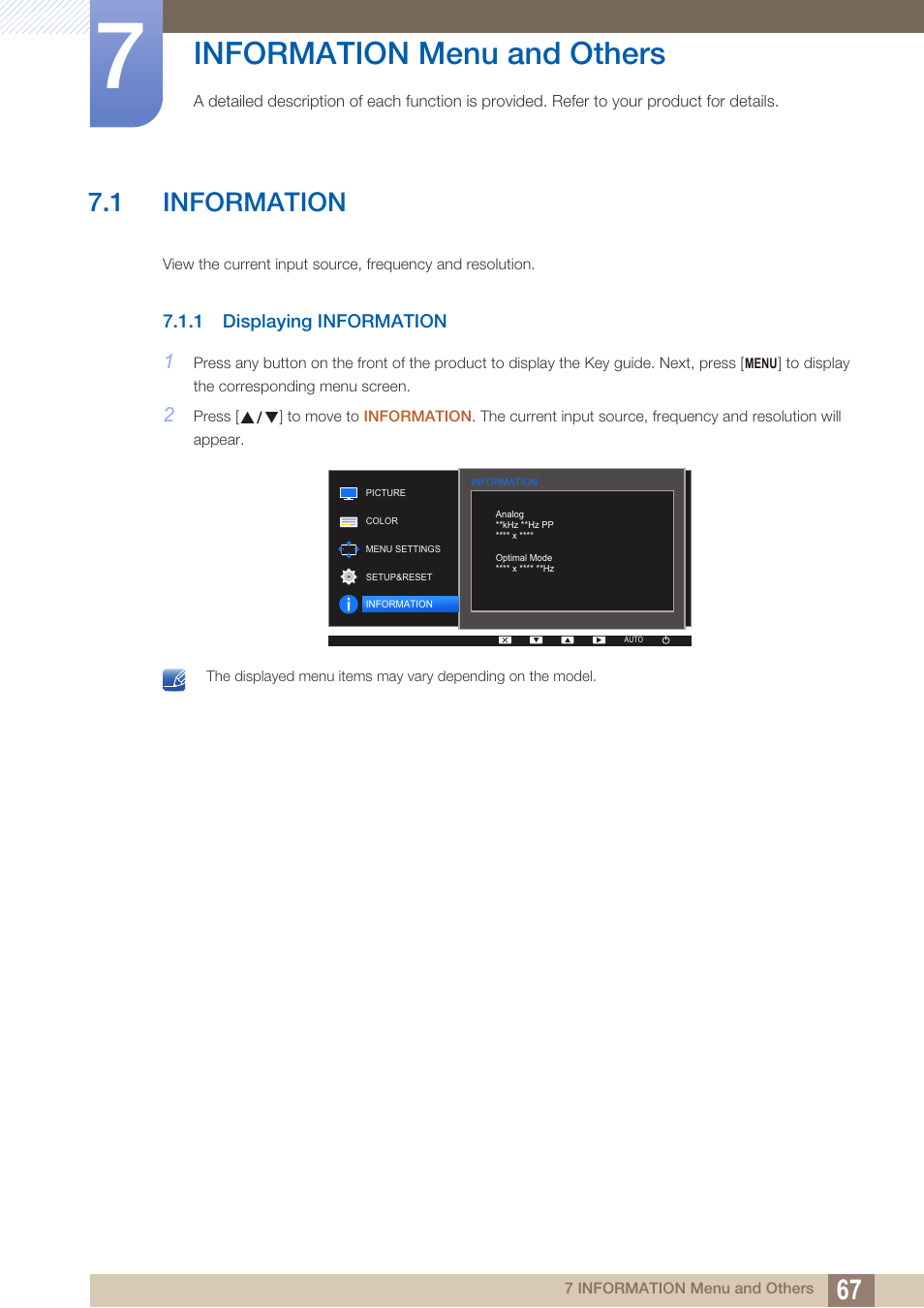 Information menu and others, 1 information, 1 displaying information | Information menu and, Others, Information, Displaying information | Samsung LS27D390HS-ZA User Manual | Page 67 / 94
