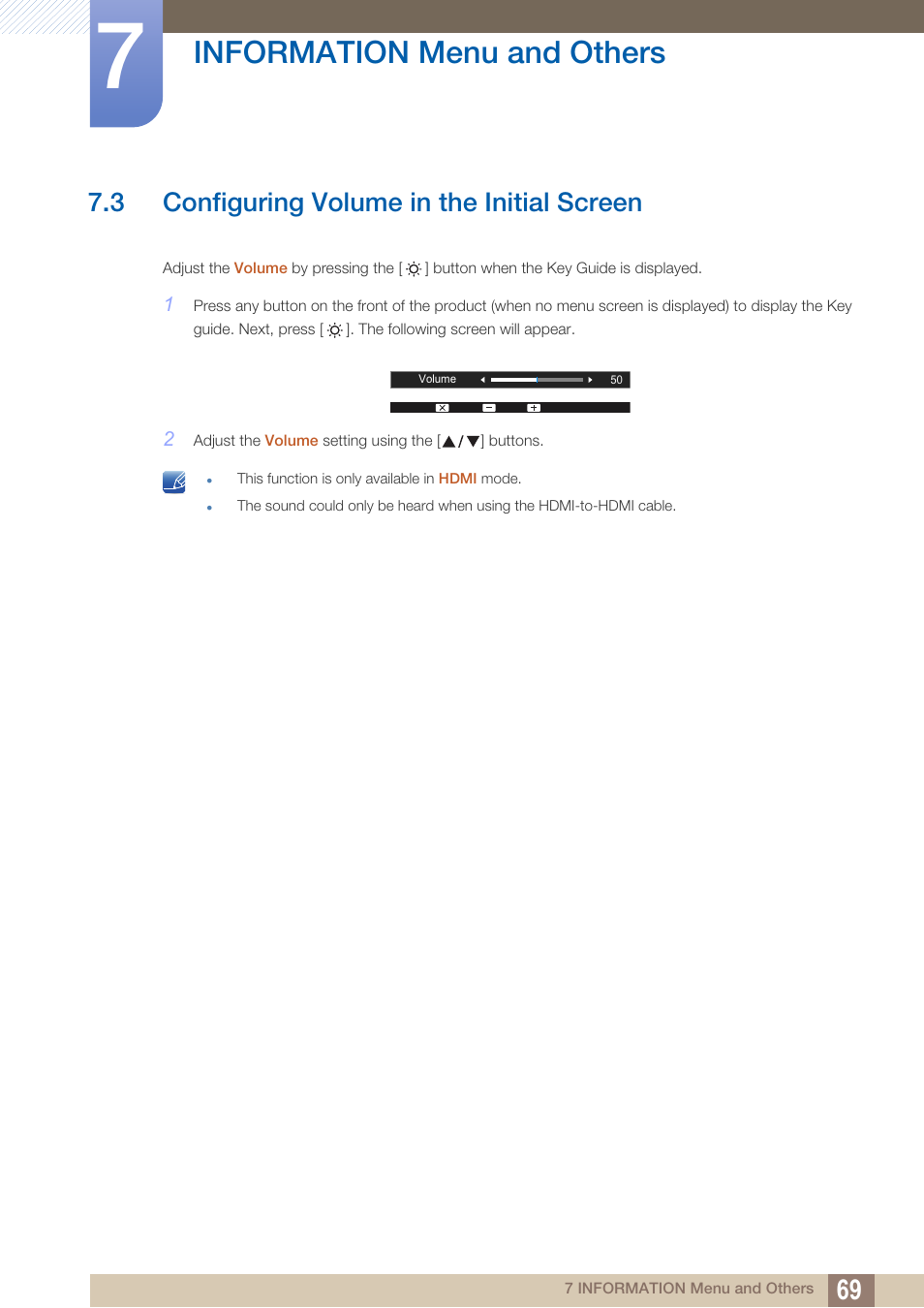 3 configuring volume in the initial screen, Configuring volume in the initial screen, Information menu and others | Samsung LS27D390HS-ZA User Manual | Page 69 / 94