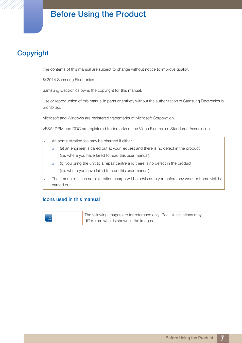 Before using the product, Copyright, Icons used in this manual | Before using the, Product | Samsung LS27D390HS-ZA User Manual | Page 7 / 94