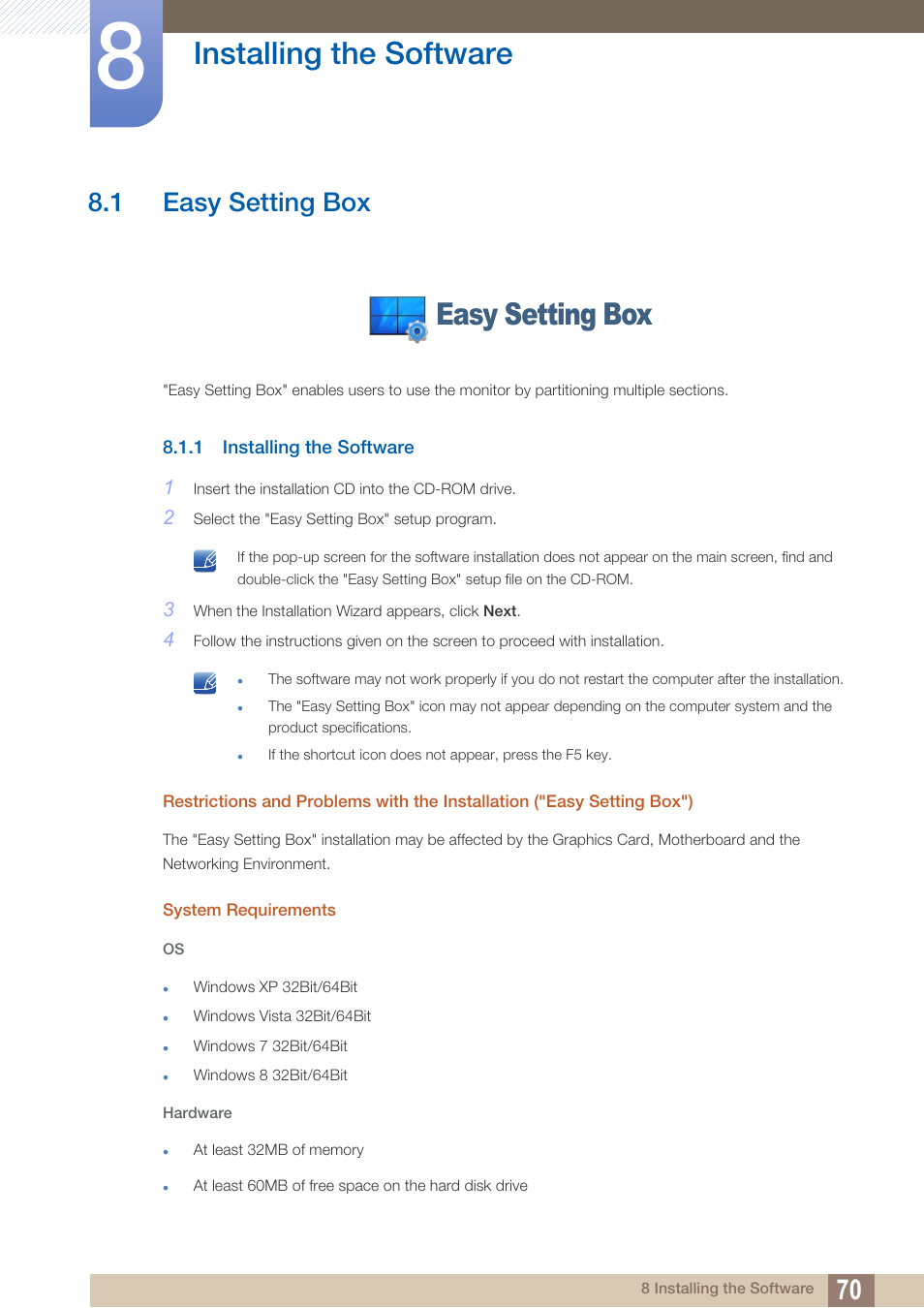 Installing the software, 1 easy setting box, 1 installing the software | Installing the, Software, Easy setting box | Samsung LS27D390HS-ZA User Manual | Page 70 / 94