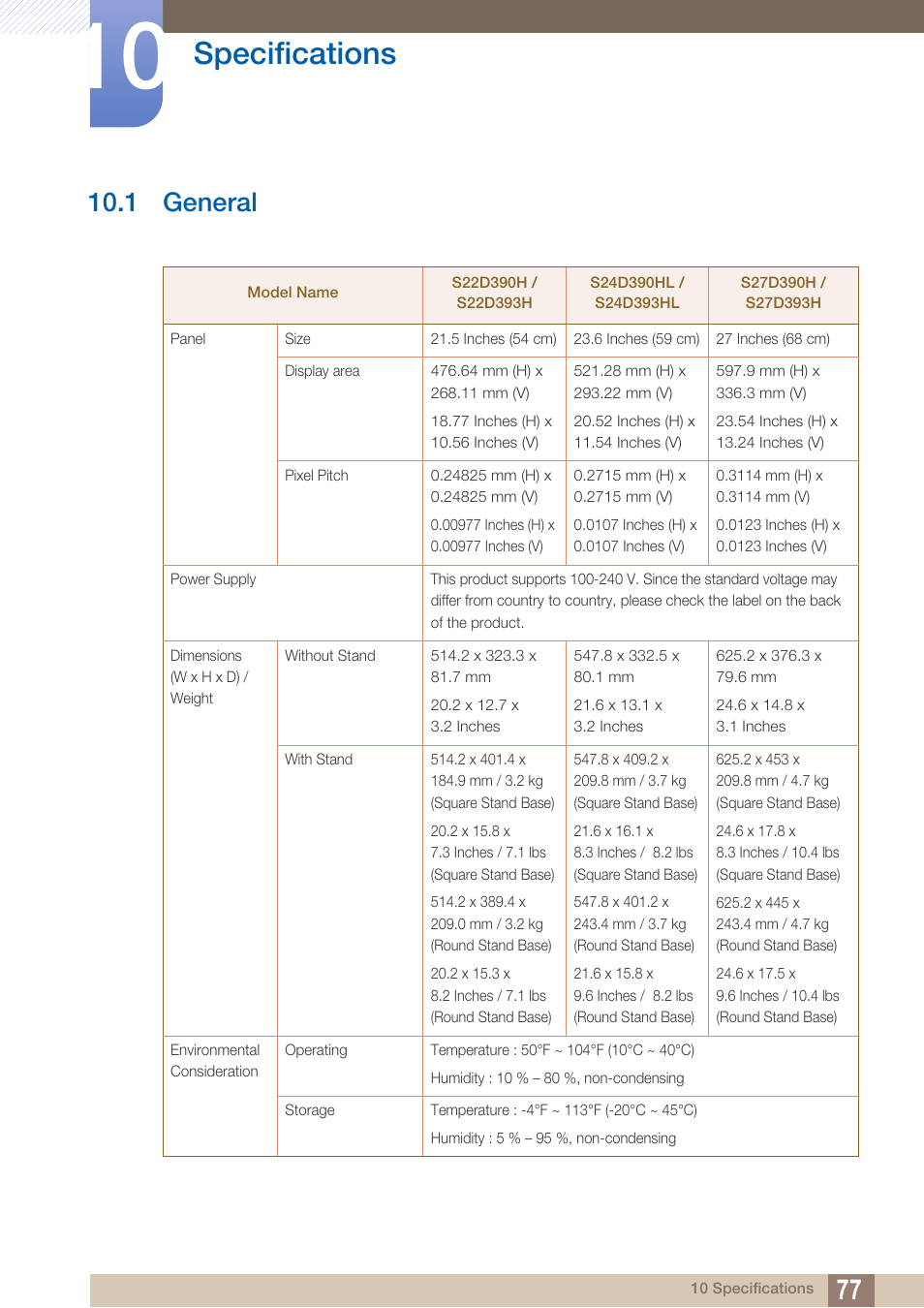 Specifications, 1 general, General | 1 general") | Samsung LS27D390HS-ZA User Manual | Page 77 / 94