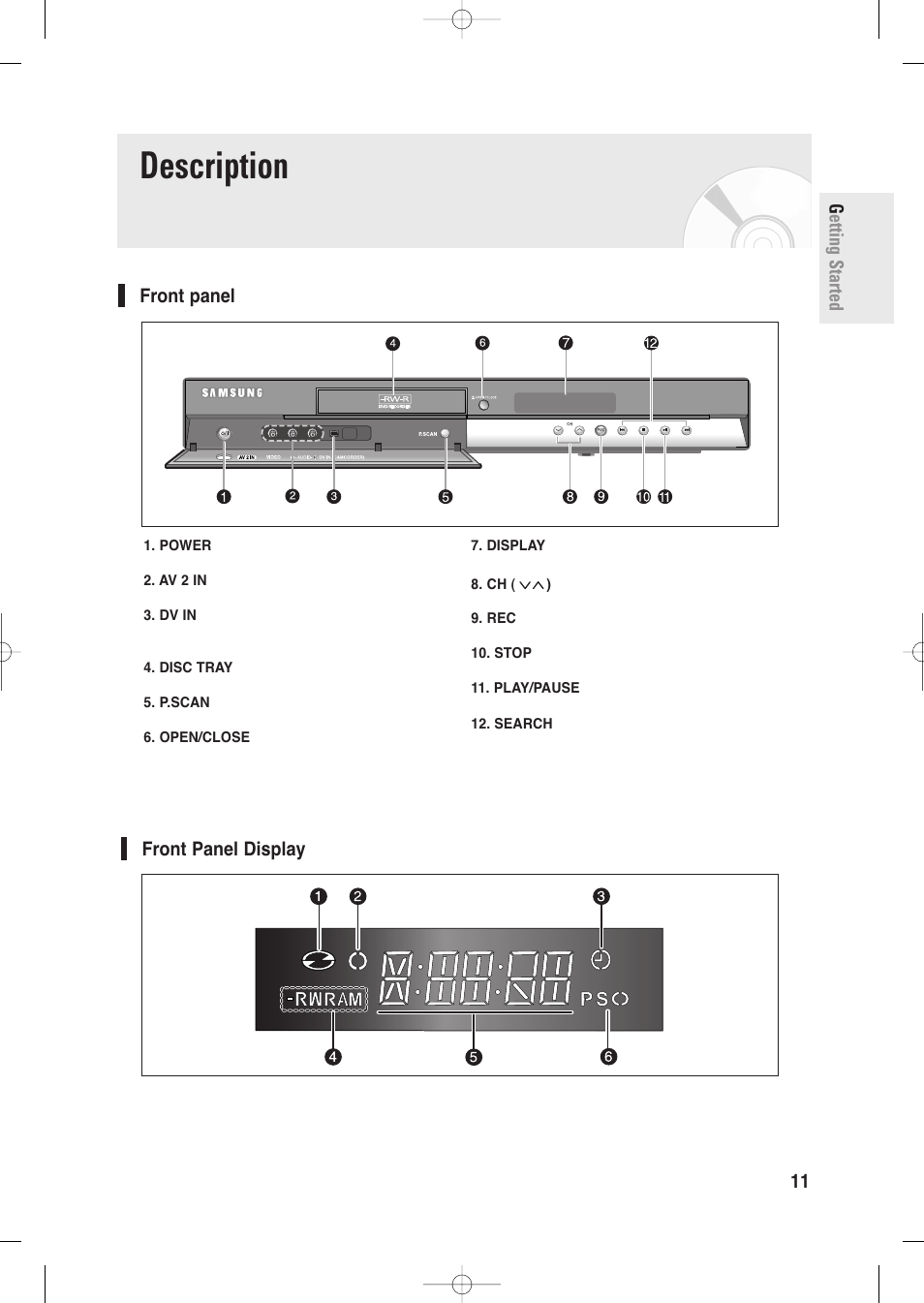 Description, Front panel, Front panel display | Getting started english - 11 front panel | Samsung DVD-R135-XAA User Manual | Page 11 / 100