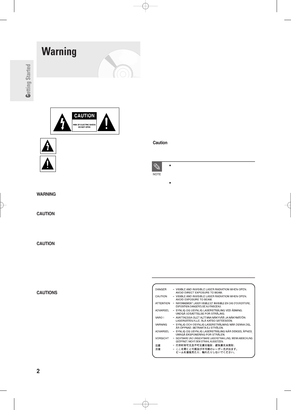 Getting started, Warning, Getting started 2 - english | Samsung DVD-R135-XAA User Manual | Page 2 / 100