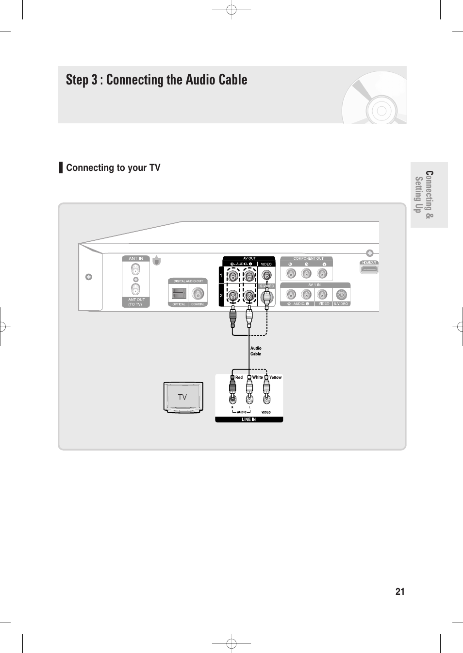 Step 3 : connecting the audio cable, Connecting to your tv | Samsung DVD-R135-XAA User Manual | Page 21 / 100