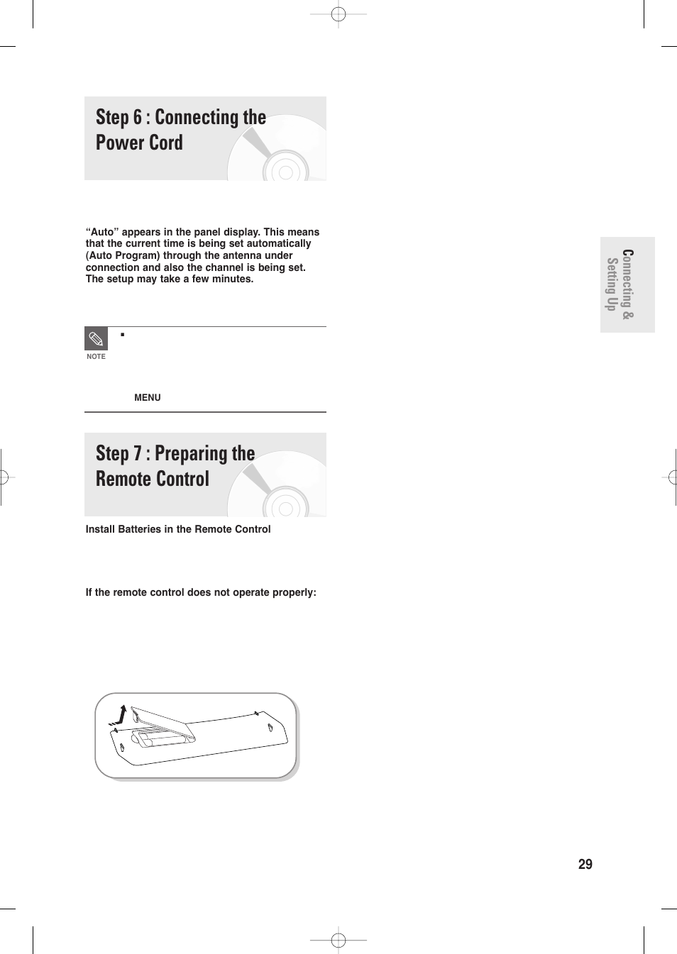 Step 6 : connecting the power cord, Step 7 : preparing the remote control, Connecting & setting up english - 29 | Samsung DVD-R135-XAA User Manual | Page 29 / 100