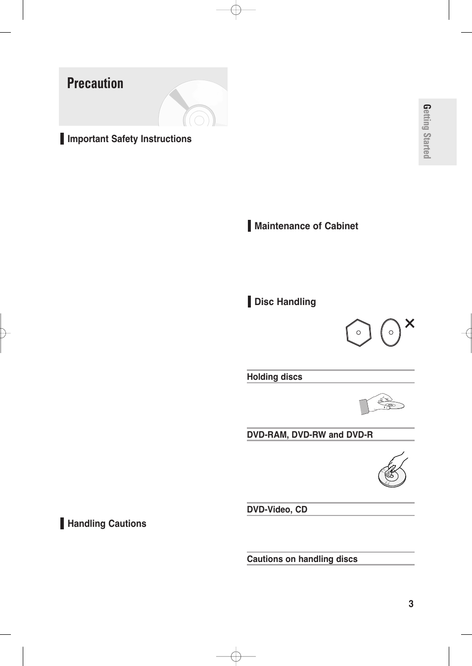 Precaution, Important safety instructions, Handling cautions | Maintenance of cabinet, Disc handling | Samsung DVD-R135-XAA User Manual | Page 3 / 100