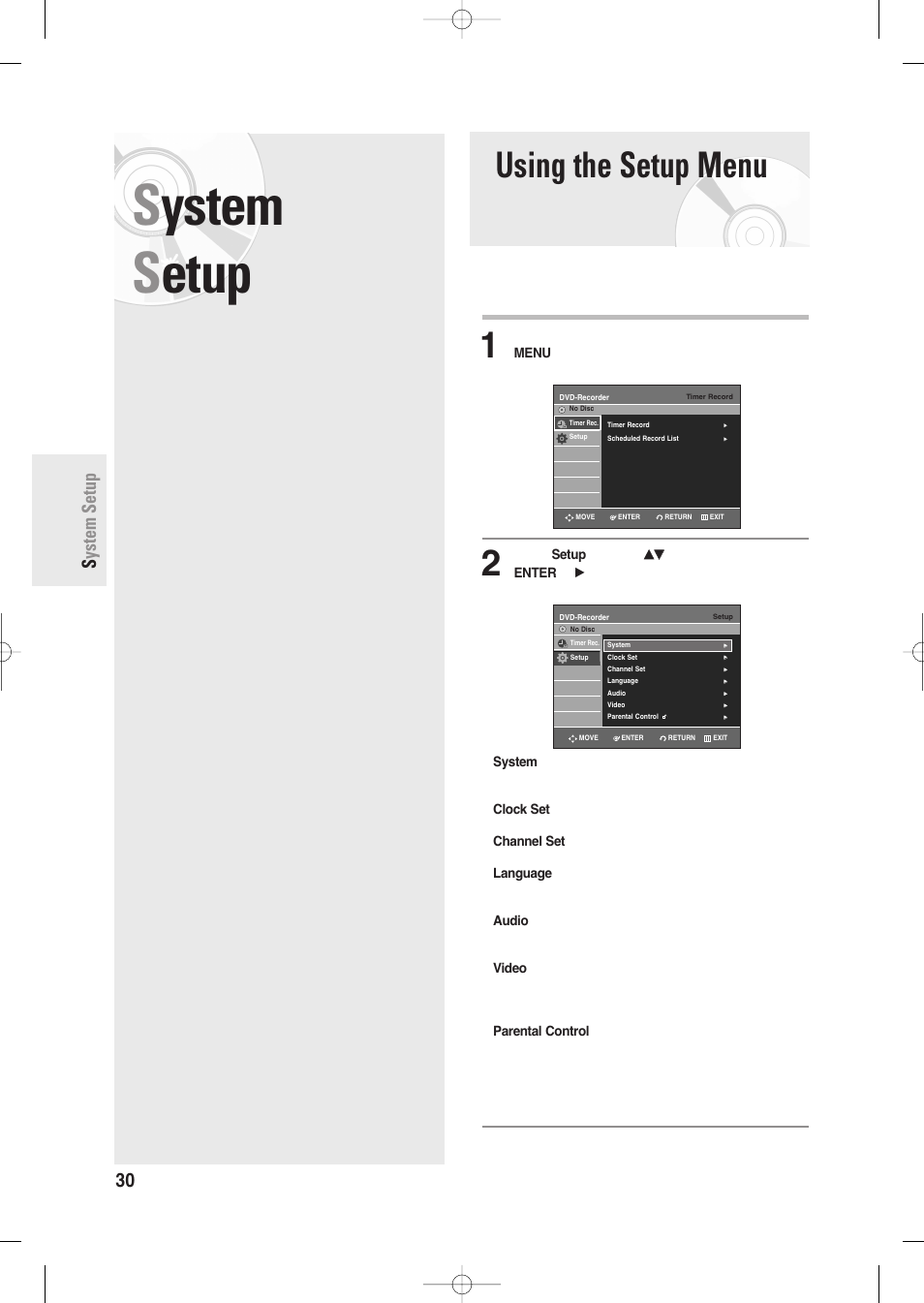 System setup, Using the setup menu, System s etup | 30 - english s ystem setup | Samsung DVD-R135-XAA User Manual | Page 30 / 100