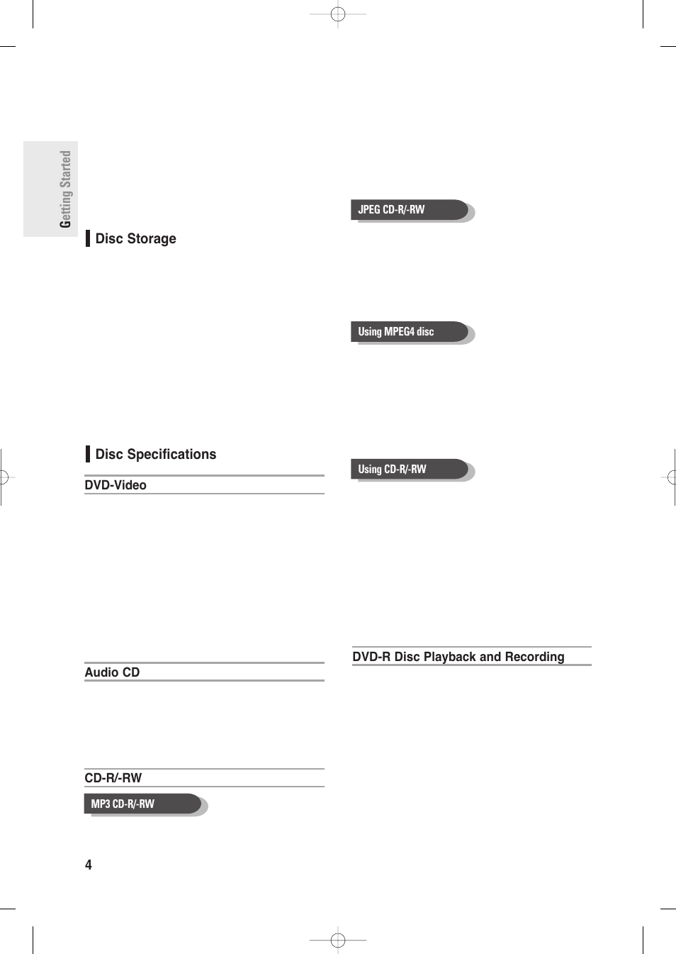 Disc storage, Disc specifications, Getting started 4 - english | Samsung DVD-R135-XAA User Manual | Page 4 / 100