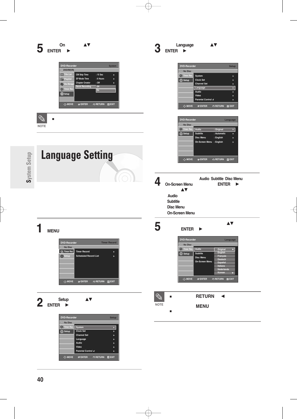 Language setting return enter move exit, Language setting, 40 - english s ystem setup | Press the return or, The quick recording is set to off as default, Select the sub menu | Samsung DVD-R135-XAA User Manual | Page 40 / 100