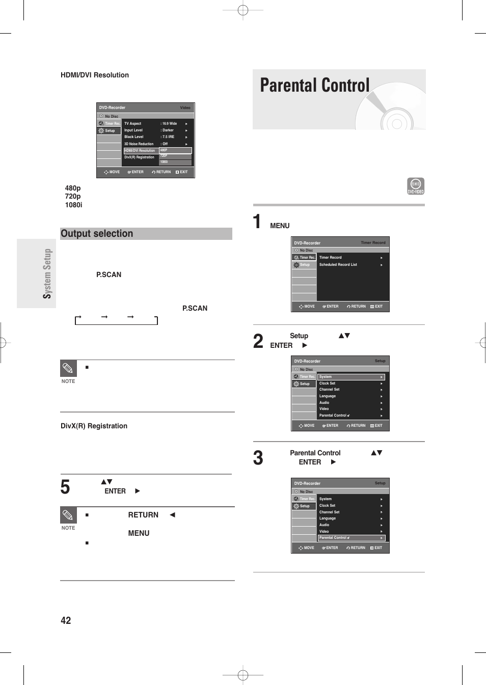 Parental control, 42 - english s ystem setup, Output selection | Press the return or | Samsung DVD-R135-XAA User Manual | Page 42 / 100