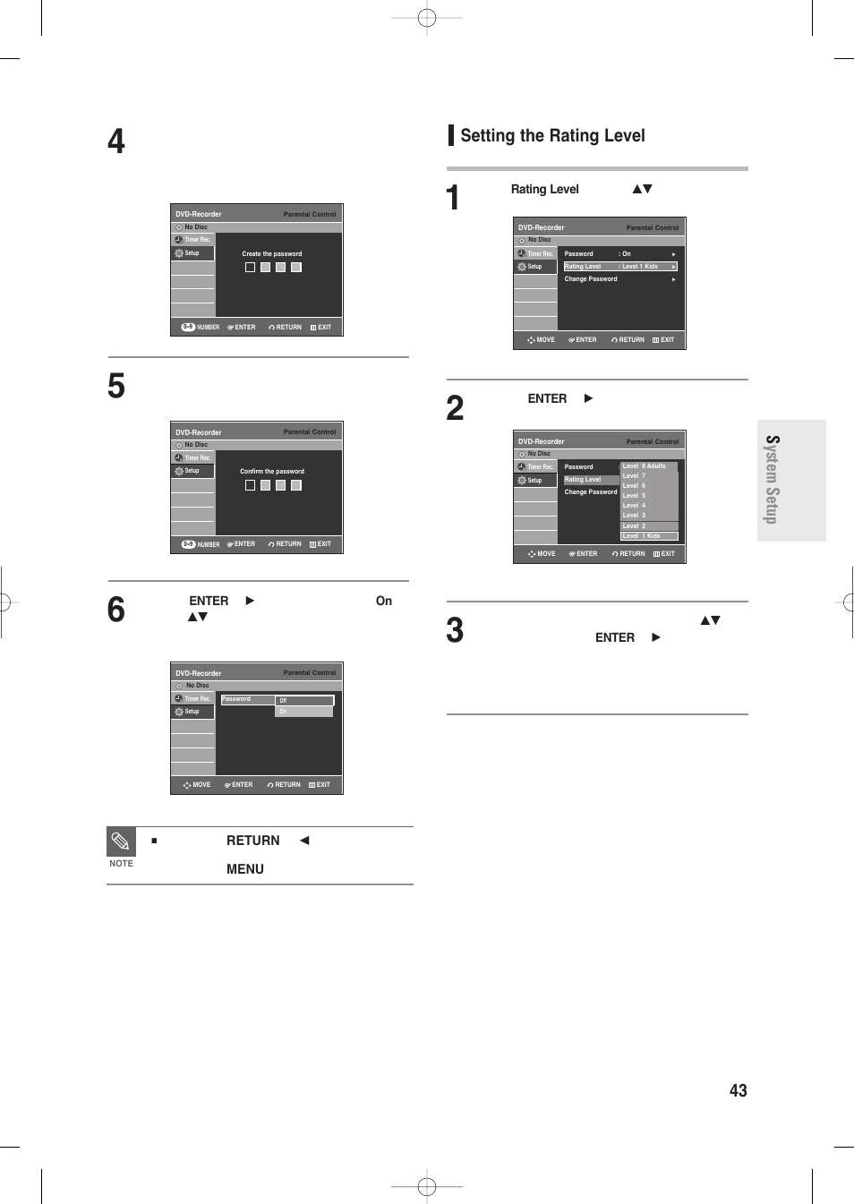 Setting the rating level, English - 43, System setup | Press the return or | Samsung DVD-R135-XAA User Manual | Page 43 / 100