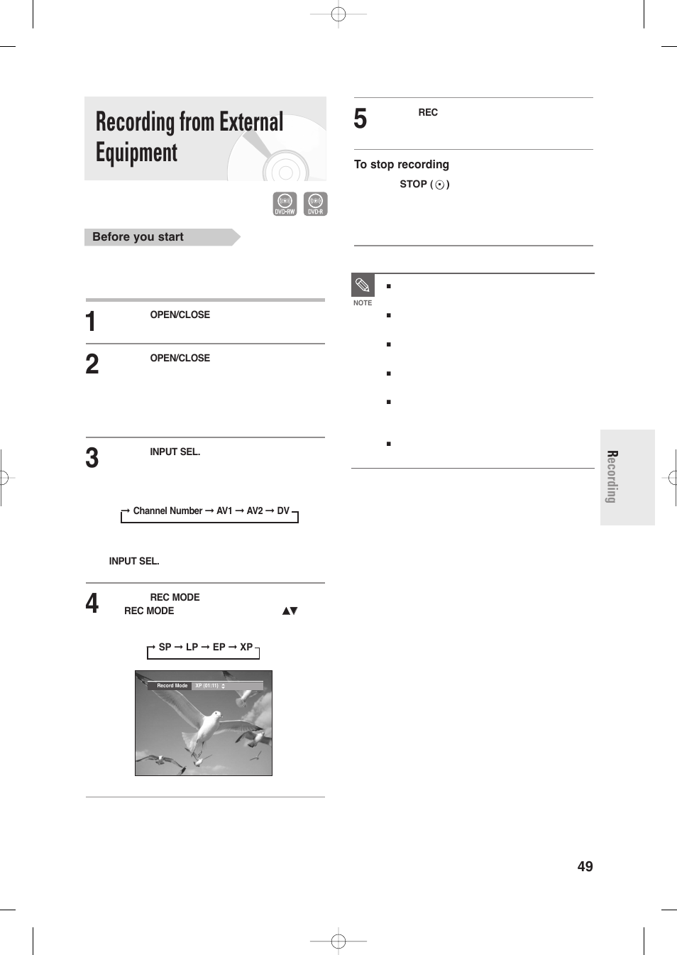 Recording from external equipment, English - 49 r ecording | Samsung DVD-R135-XAA User Manual | Page 49 / 100