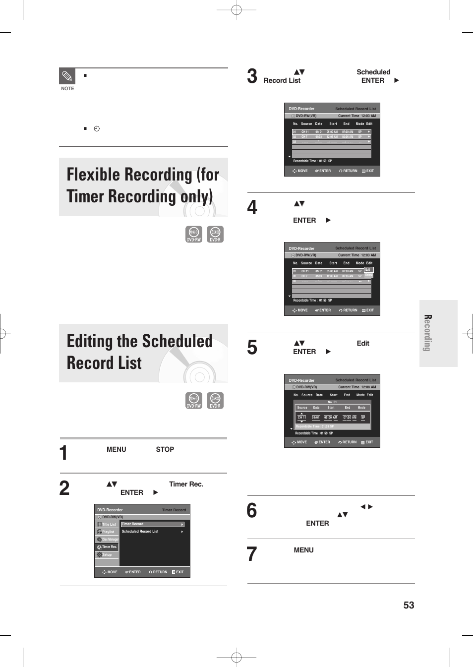 Flexible recording (for timer recording only), Editing the scheduled record list, English - 53 r ecording | Samsung DVD-R135-XAA User Manual | Page 53 / 100