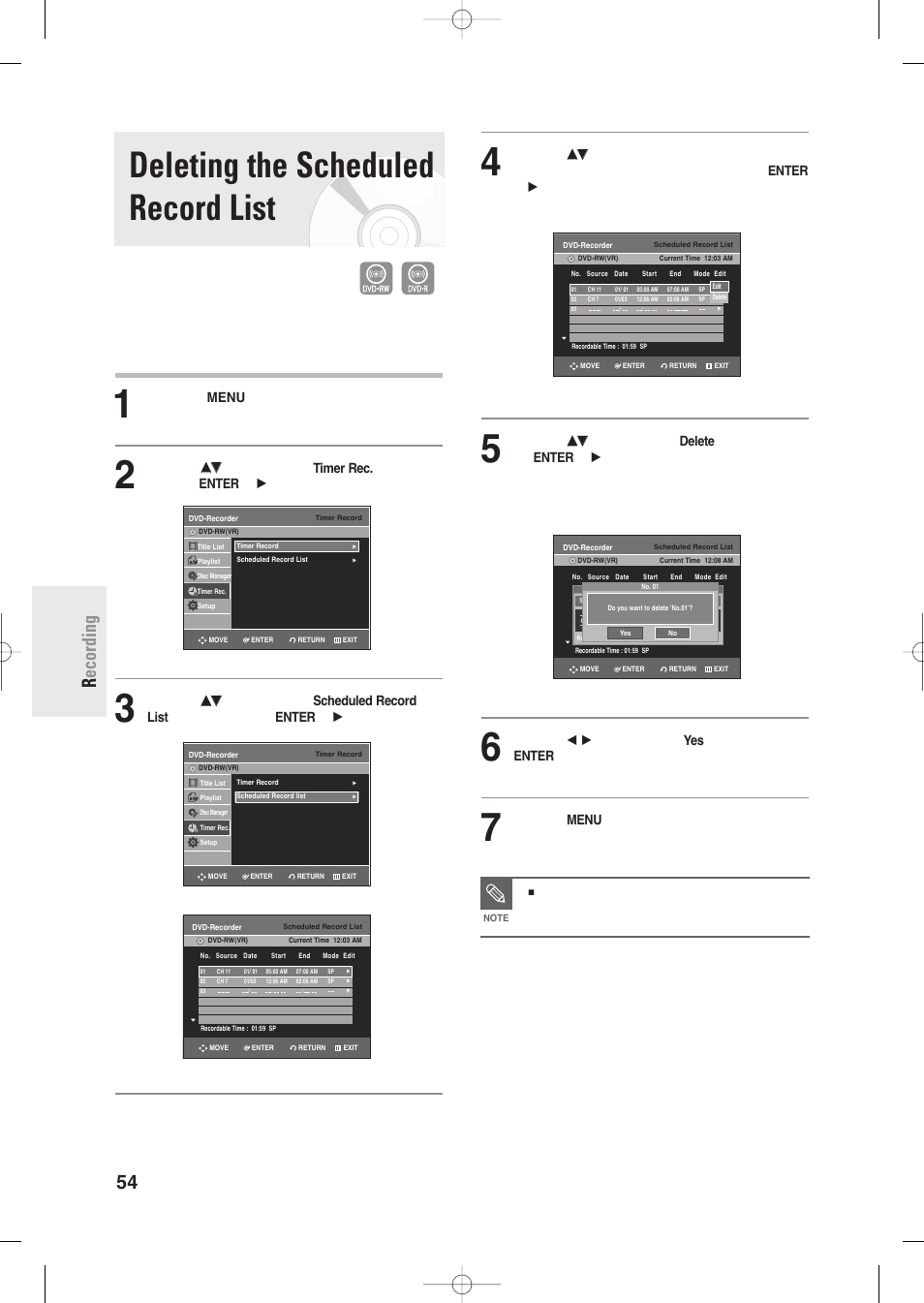 Deleting the scheduled record list, 54 - english r ecording, Press the menu button in stop mode | Samsung DVD-R135-XAA User Manual | Page 54 / 100