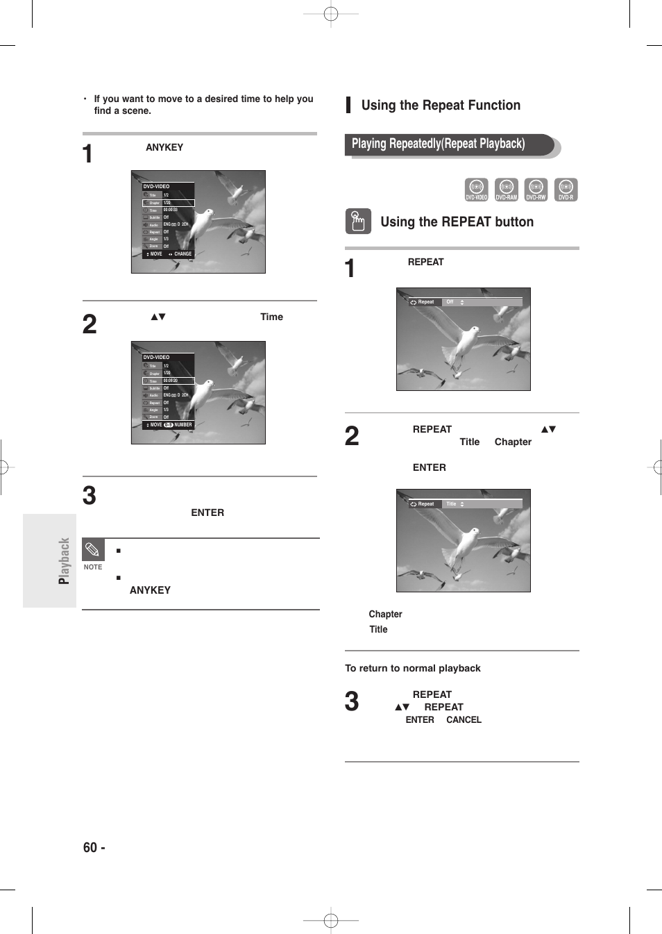 Using the repeat function, 60 - english p layback, Using the repeat function using the repeat button | Playing repeatedly(repeat playback) | Samsung DVD-R135-XAA User Manual | Page 60 / 100