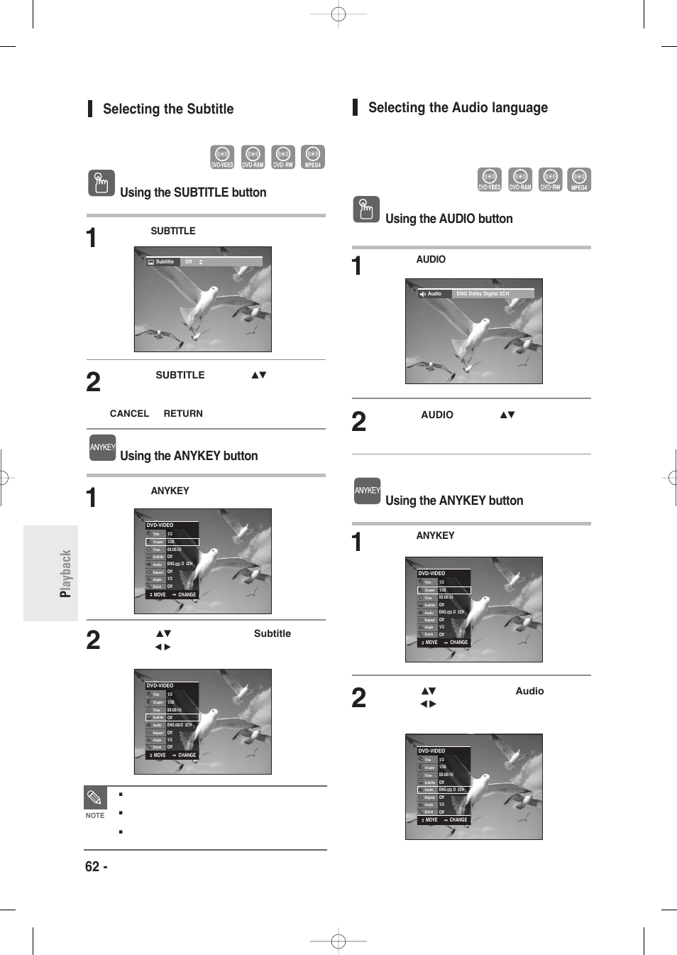 Selecting the subtitle, Selecting the audio language, 62 - english p layback selecting the subtitle | Using the subtitle button, Using the anykey button, Using the audio button, Vr mode) | Samsung DVD-R135-XAA User Manual | Page 62 / 100