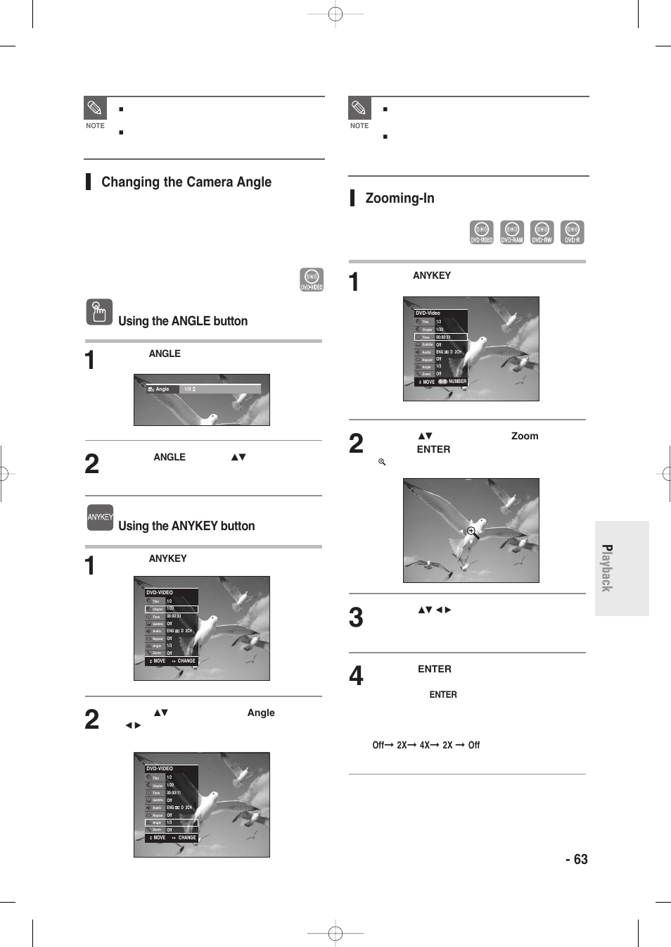 Changing the camera angle, Zooming-in, English - 63 p layback zooming-in | Using the angle button, Using the anykey button | Samsung DVD-R135-XAA User Manual | Page 63 / 100