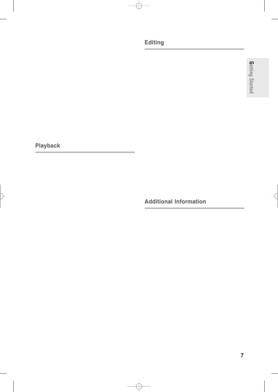 Getting started english - 7, Playback, Editing | Additional information | Samsung DVD-R135-XAA User Manual | Page 7 / 100