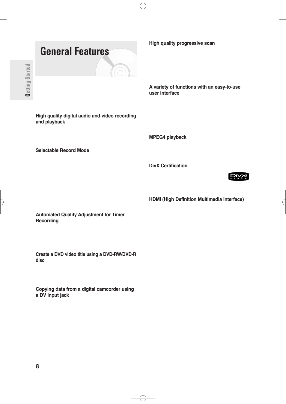 General features, Getting started 8 - english | Samsung DVD-R135-XAA User Manual | Page 8 / 100