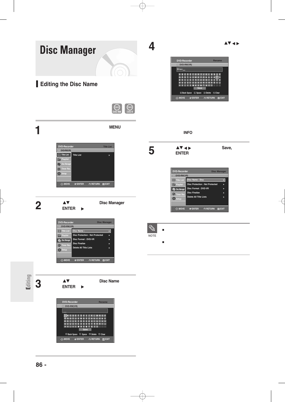 Disc manager, Editing the disc name, 86 - english e diting | Follow these instructions to give a name to a disc | Samsung DVD-R135-XAA User Manual | Page 86 / 100