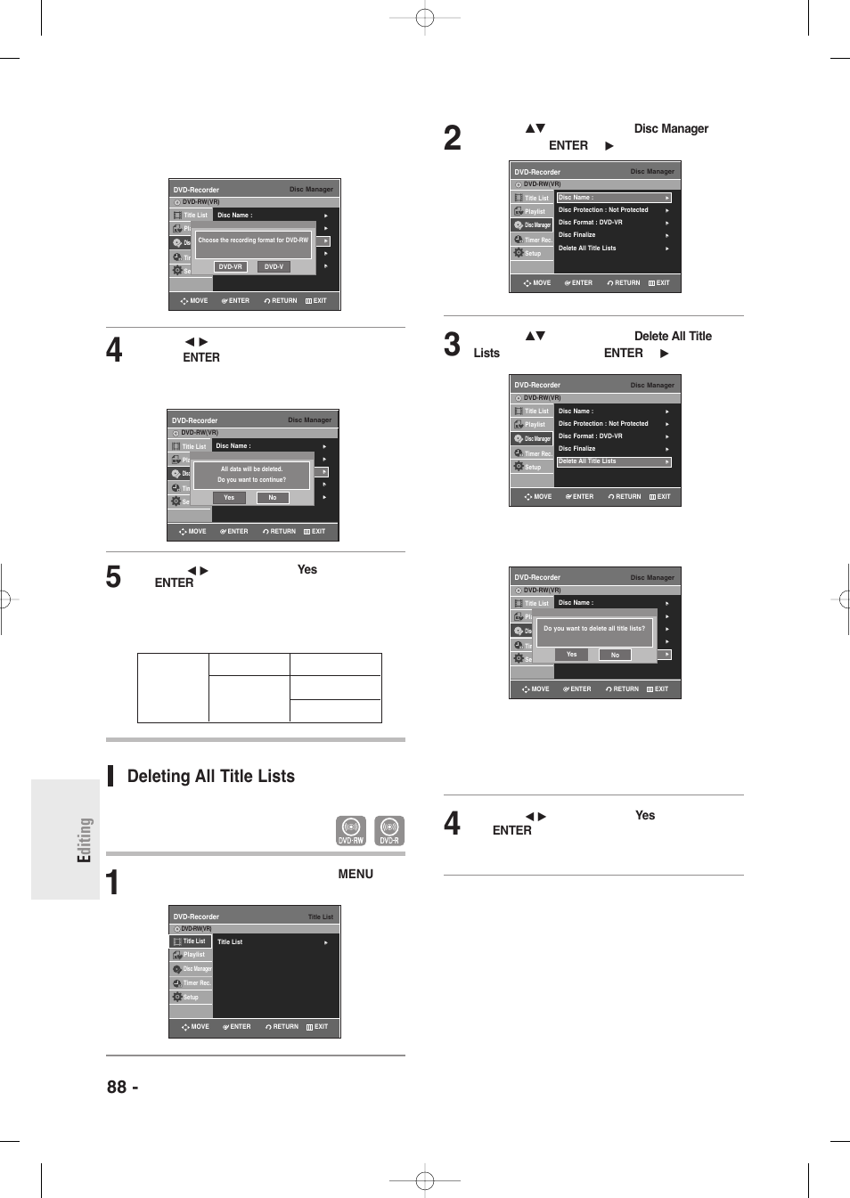 Deleting all title lists, 88 - english e diting, The disc protection should be cleared first | Dvd-vr dvd-v disc dvd-rw dvd-rw dvd-r, The disc is formatted, All title lists are deleted | Samsung DVD-R135-XAA User Manual | Page 88 / 100