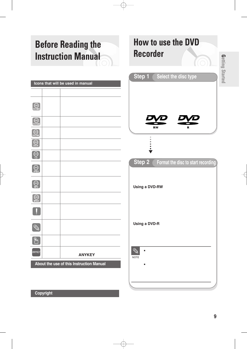 Before reading the instruction manual, How to use the dvd recorder, Step 1 | Step 2, Select the disc type, Format the disc to start recording, Getting started english - 9 | Samsung DVD-R135-XAA User Manual | Page 9 / 100