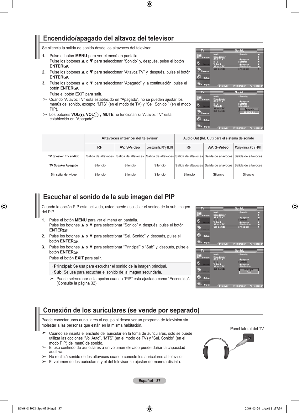 Encendido/apagado del altavoz del televisor, Escuchar el sonido de la sub imagen del pip | Samsung LN37A450C1XZP User Manual | Page 101 / 125