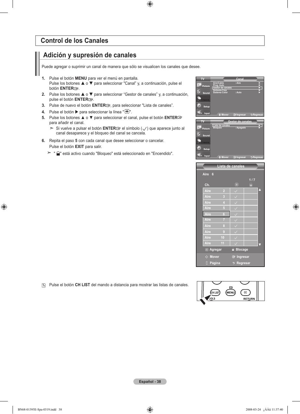 Adición y supresión de canales, Control de los canales | Samsung LN37A450C1XZP User Manual | Page 102 / 125