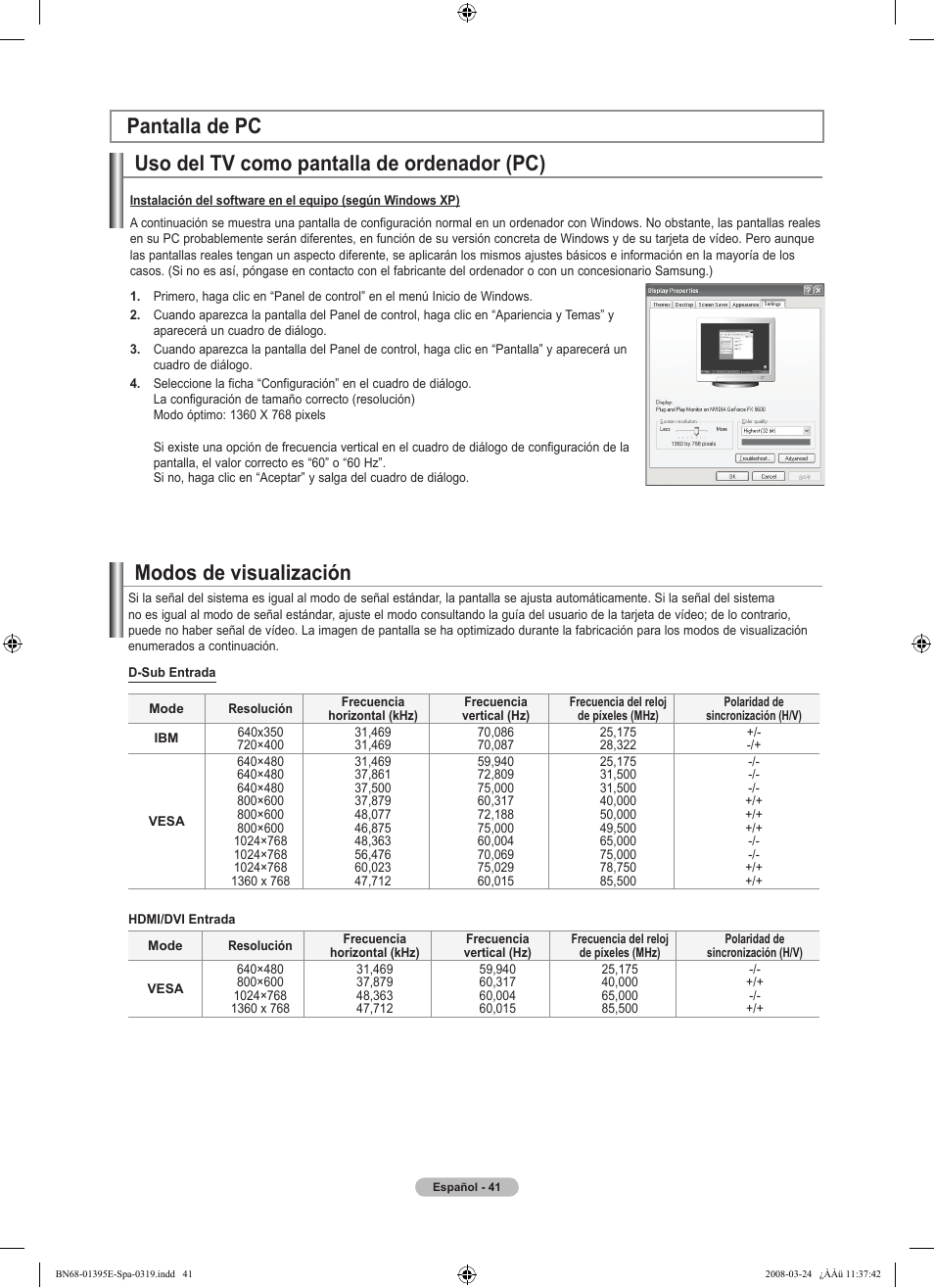 Uso del tv como pantalla de ordenador (pc), Modos de visualización pantalla de pc | Samsung LN37A450C1XZP User Manual | Page 105 / 125